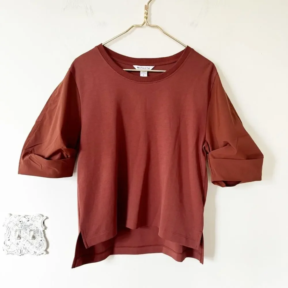 NWOT Athleta Harlow Puff Sleeve Hybrid Tee S Rust Brown - Picture 5 of 10